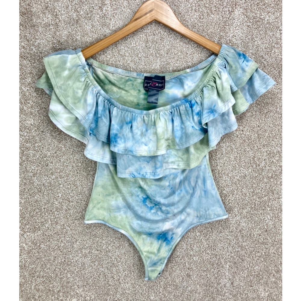 Polly & Esther Tie Dye Ruffle Bodysuit Top Women S Blue Green Off Shoulder Beach